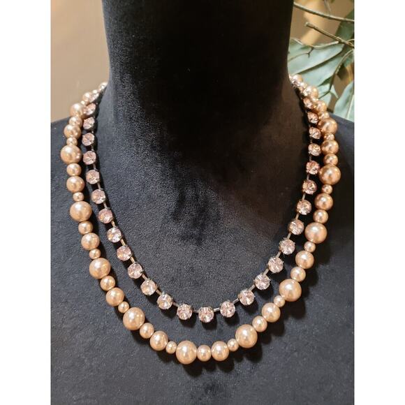 Womens 2 Strand Faux Pearl Rhinestone Trim Bling Chain Necklace w/ Spring Clasp - Picture 2 of 6